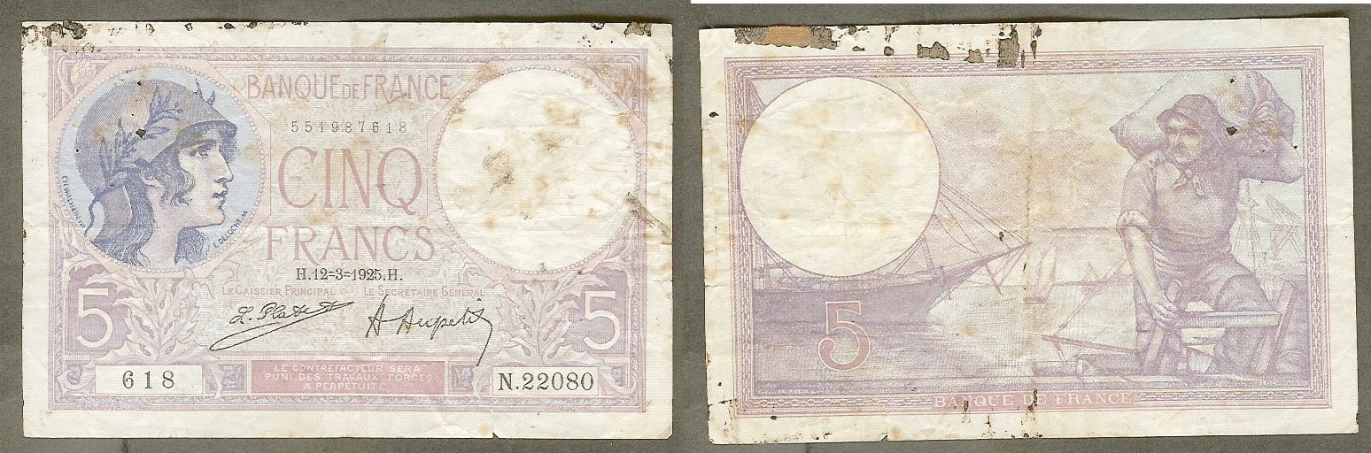 5 Francs Violet - 12.03.1925 N.22080 TB